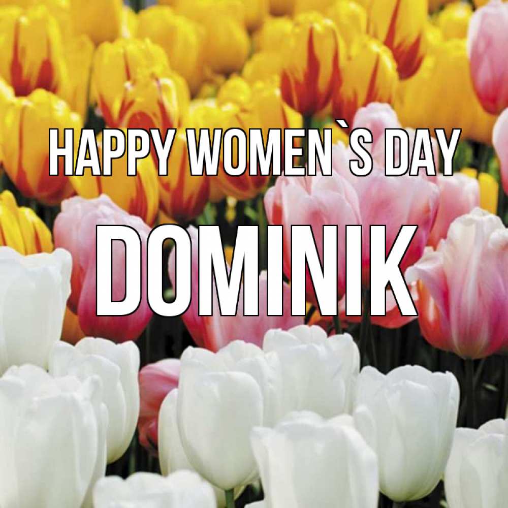 Greetings card с именем, Dominik happy women`s day разноцветные цветы Greetings with text for free download 
